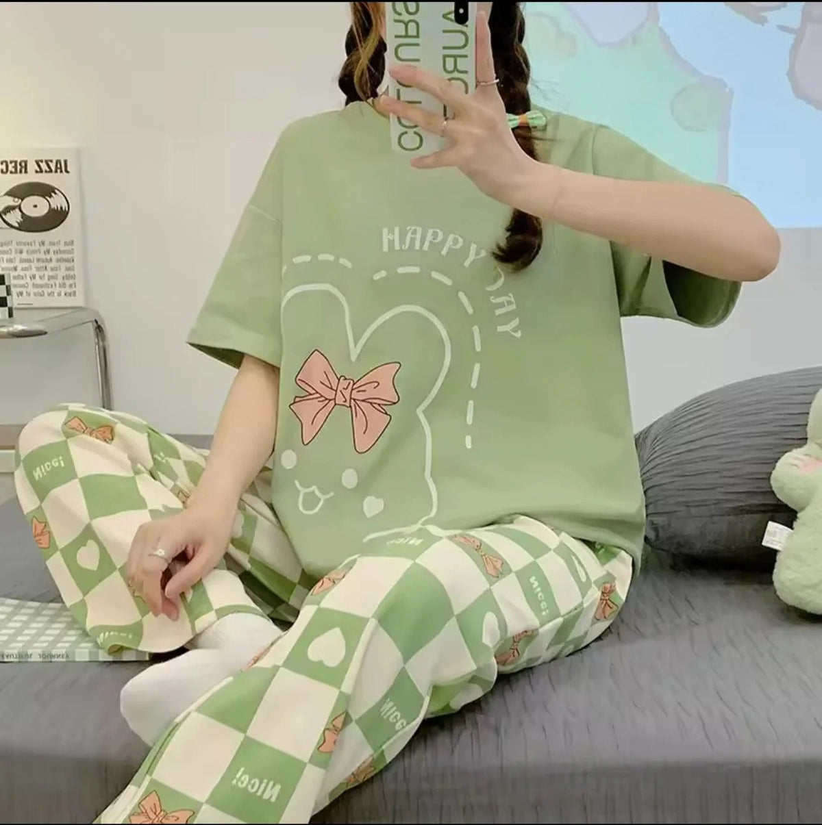 Olive Green Happy Day Printed Half Sleeves Night Suit (RX-303)